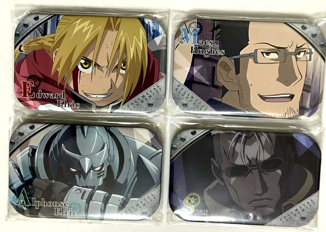 Fullmetal Alchemist Square Can Badge Button x4 Edward Elric Scar Maes Hugnes